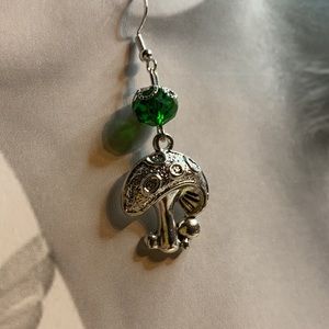 Hand Crafted 💚 Mushroom Charm and Green Bead Dangling Fishhook Earrings